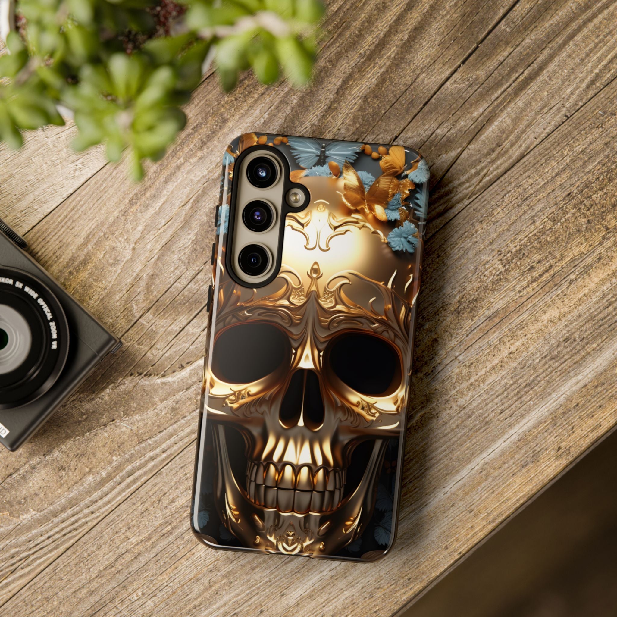 Golden Skull Floral & Butterflies Armor - Tough Guard Samsung Galaxy Case