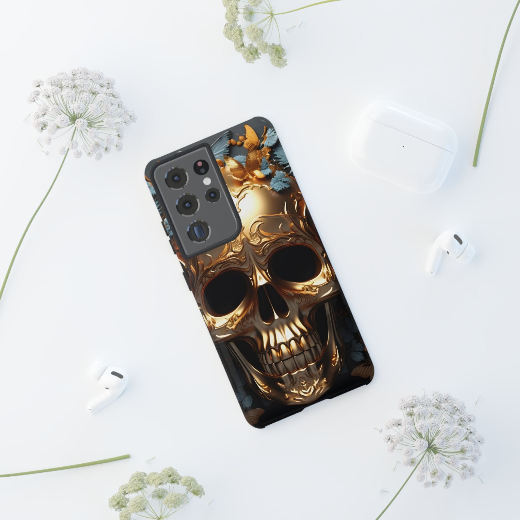 Golden Skull Floral & Butterflies Armor - Tough Guard Samsung Galaxy Case