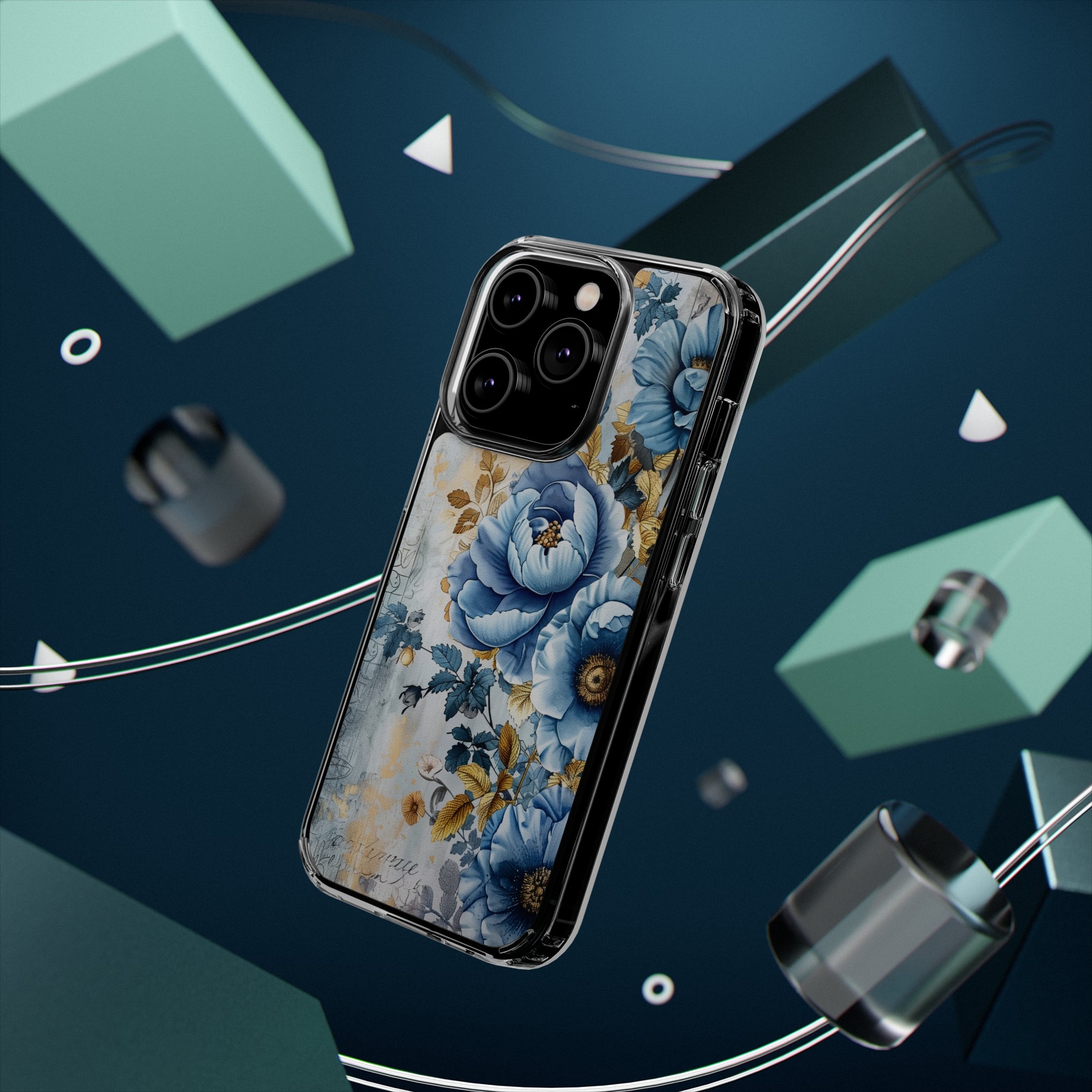 Blue & Gold Blooming Flowers - Crystal Guard Durable Apple iPhone Case