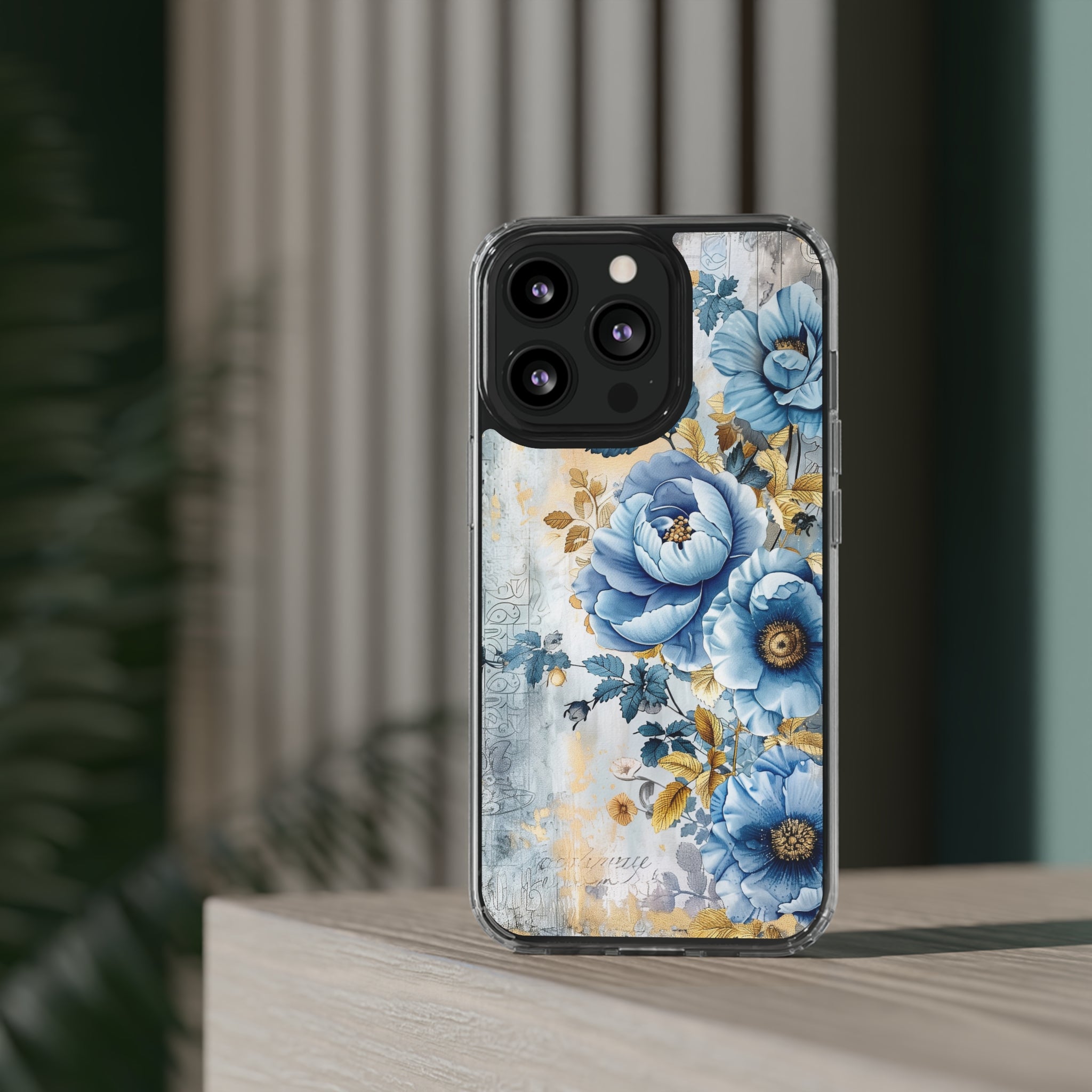 Blue & Gold Blooming Flowers - Crystal Guard Durable Apple iPhone Case