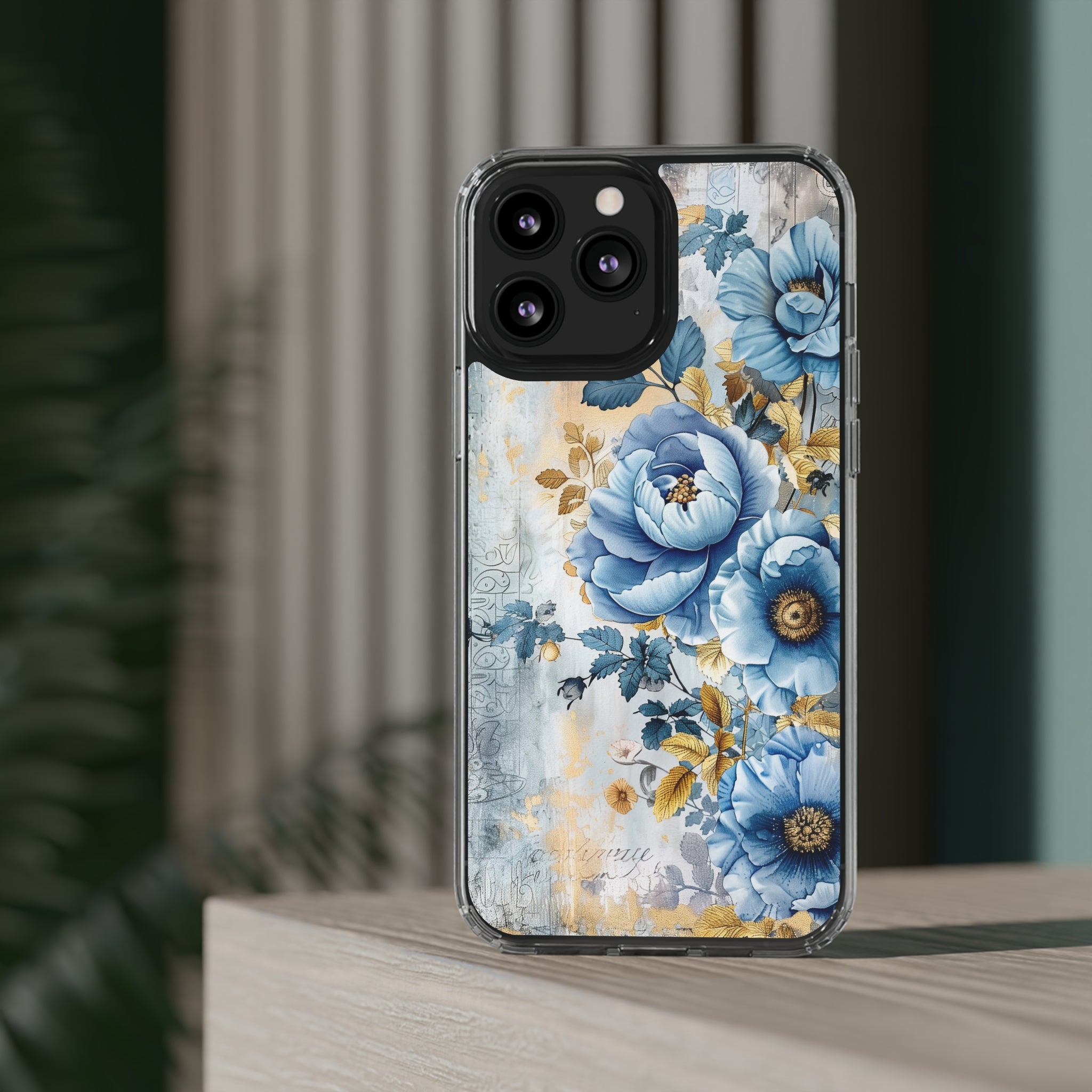 Blue & Gold Blooming Flowers - Crystal Guard Durable Apple iPhone Case
