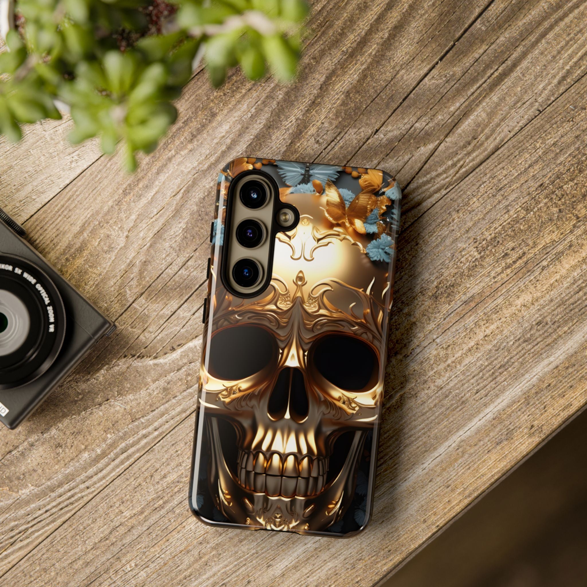 Golden Skull Floral & Butterflies Armor - Tough Guard Samsung Galaxy Case