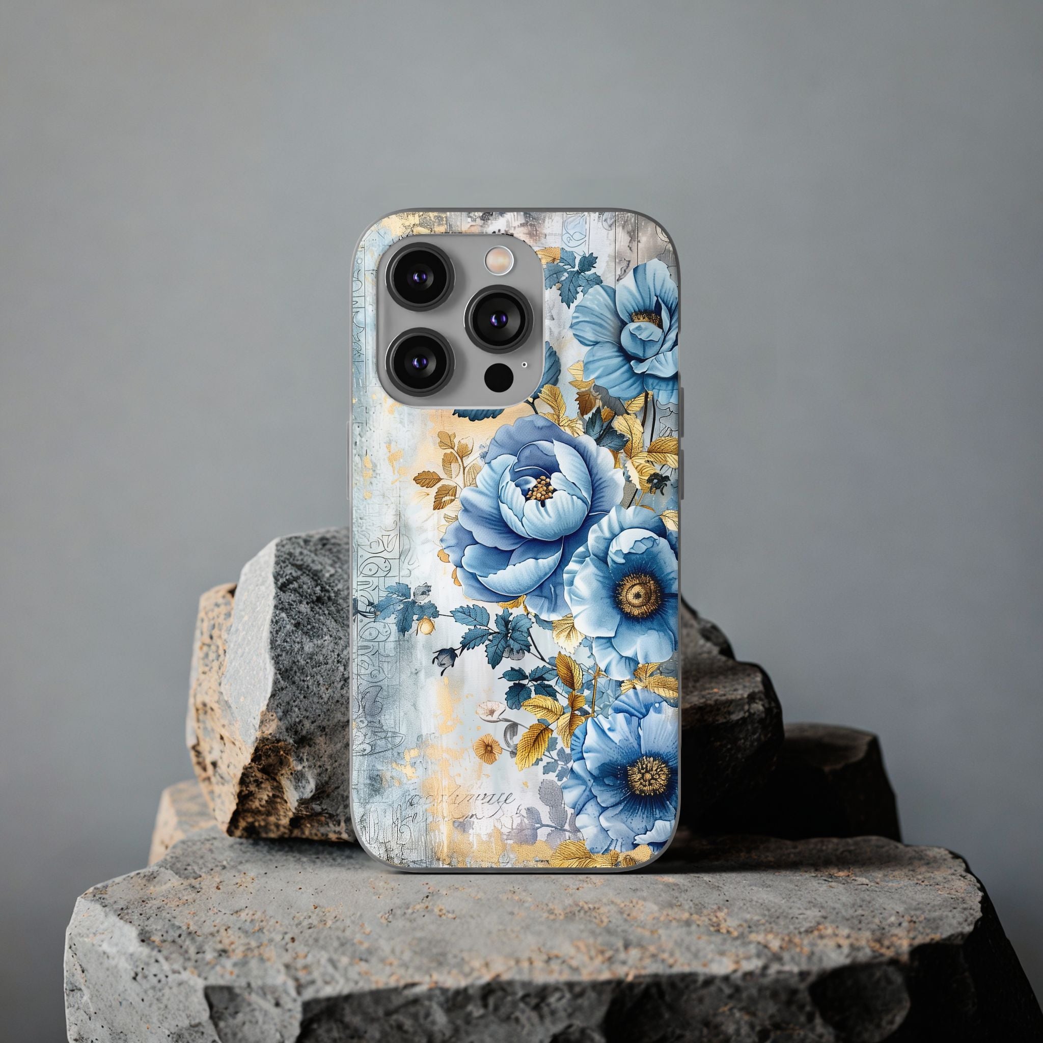 Blue & Gold Blooming Flowers Flexi Case - Apple iPhone Case