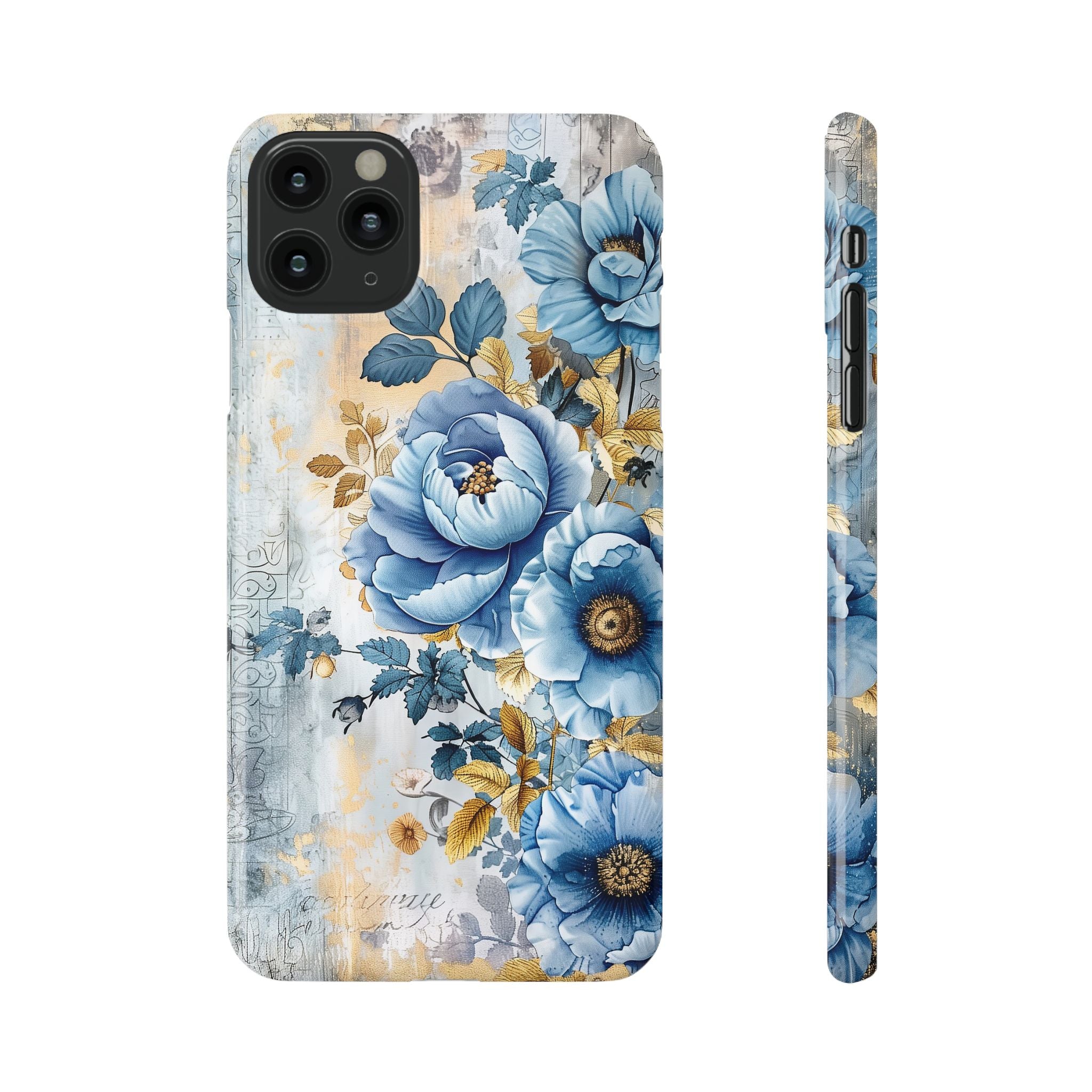 Blue & Gold Blooming Flowers - Slim Guard Apple iPhone Case