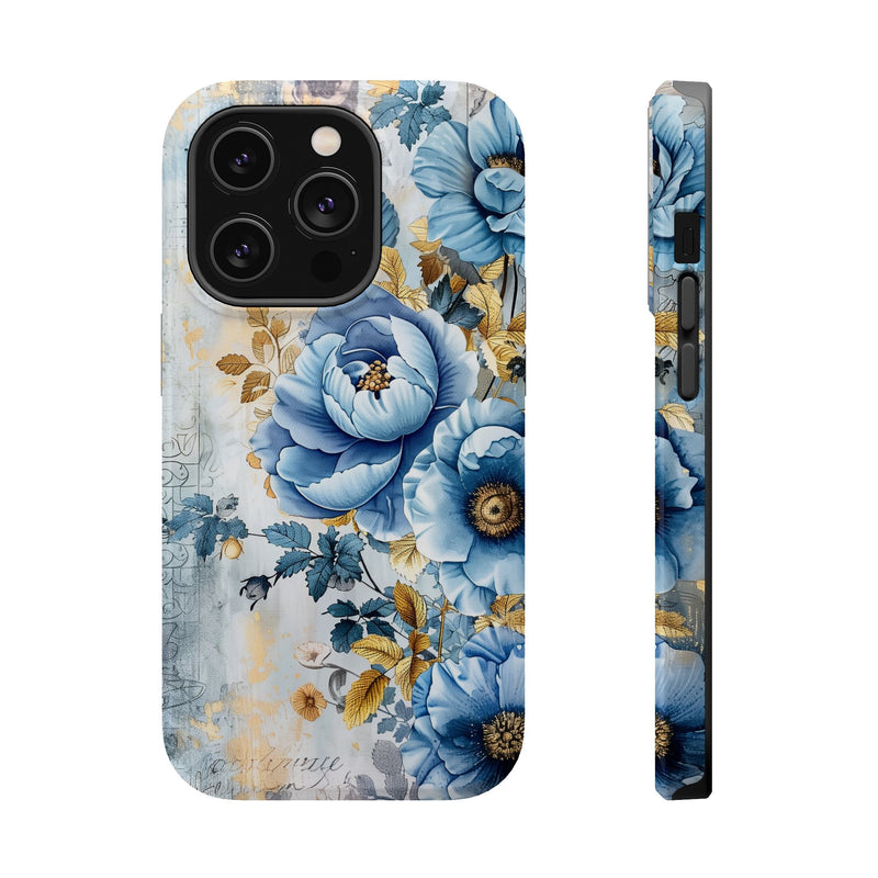 Blue & Gold Blooming Flowers - Magnetic Armor Tough Apple iPhone Case