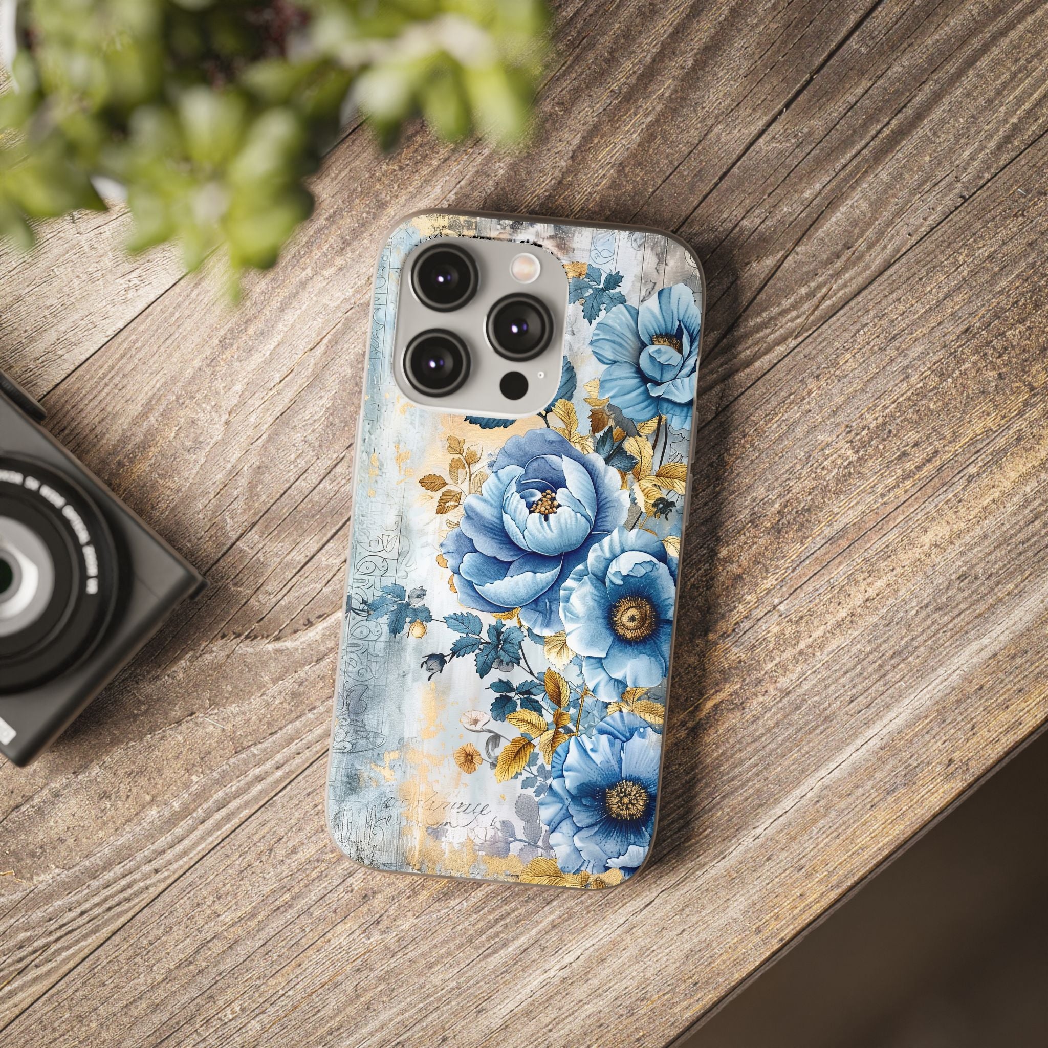 Blue & Gold Blooming Flowers Flexi Case - Apple iPhone Case