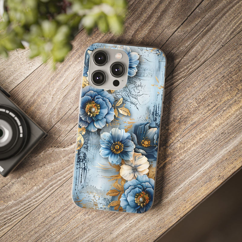Blue & Gold Floral Flexi Case - Apple iPhone Case